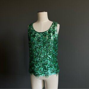 Vintage Emerald Sequin Beaded Tank Top Art Deco Glam Party 80s Luxe Maximalism